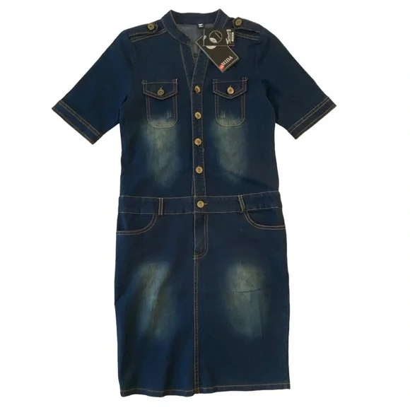 Mida denim mini dress lightweight distressed blue jeans button up closure small - Picture 2 of 16